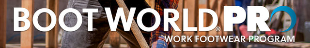 Construction worker shoveling dirt wearing work boots provided by Boot World with Boot World Pro logo