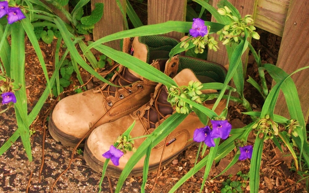 work boots in a garden
