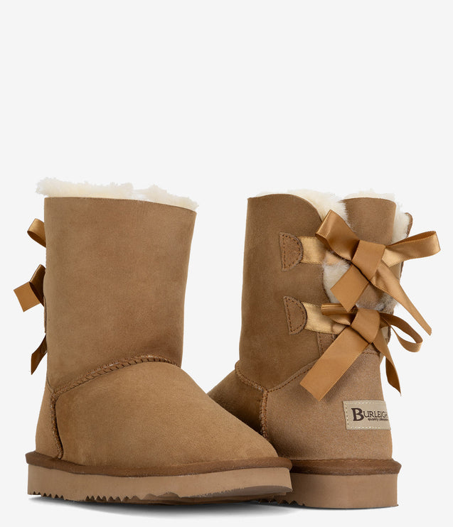 Burleigh Twinface Sheepskin Short Double Bow Boot - Chestnut