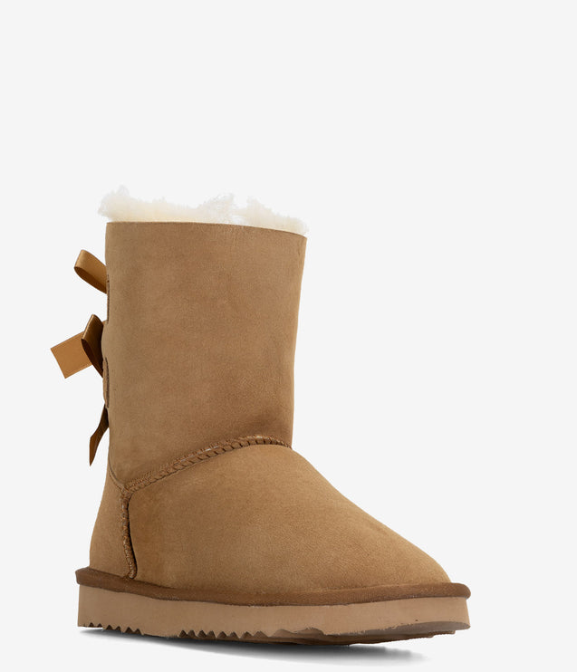 Burleigh Twinface Sheepskin Short Double Bow Boot - Chestnut