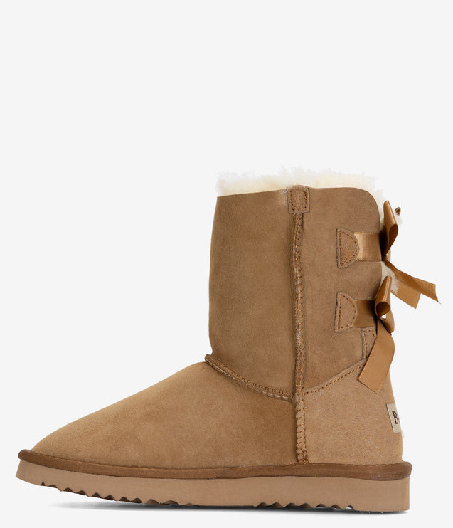 Burleigh Twinface Sheepskin Short Double Bow Boot - Chestnut
