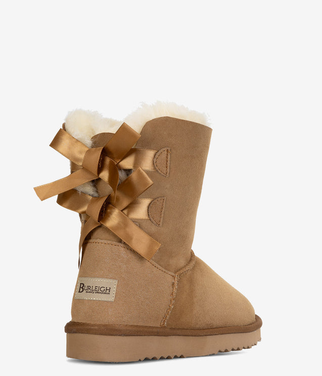 Burleigh Twinface Sheepskin Short Double Bow Boot - Chestnut